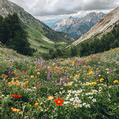 Fototapeta premium A mountain valley covered in wildflowers during spring.