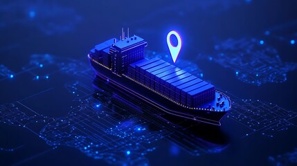 Futuristic cargo ship with location pin icon on global digital map, illustrating maritime shipping and GPS technology.