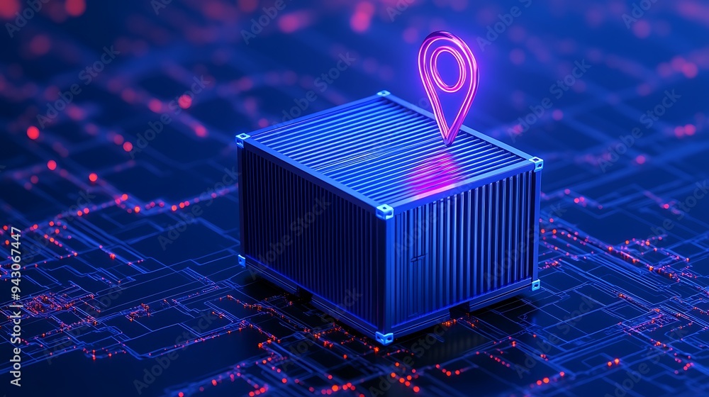 Poster futuristic concept of global logistics with a glowing location pin on a cargo container over a digit
