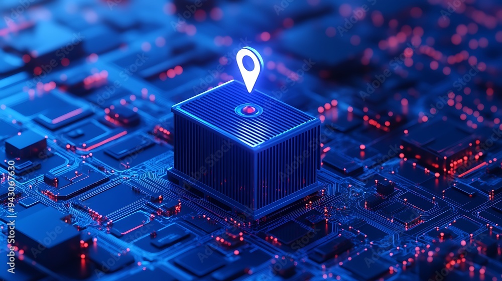 Poster futuristic digital circuit board with gps location pin, symbolizing innovative technology and precis