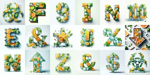 Ice cubes and mints and citrus Lettering Typeface. AI generated illustration