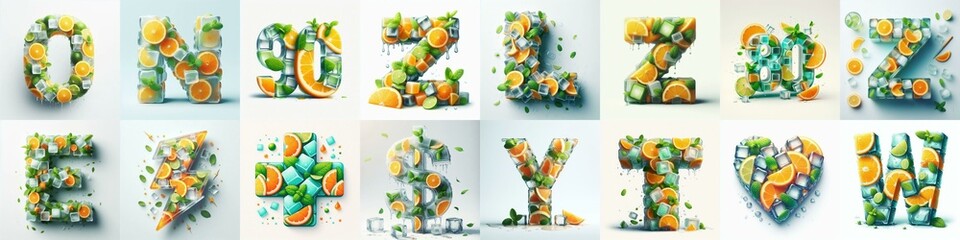 Ice cubes and mints and citrus Lettering Typeface. AI generated illustration