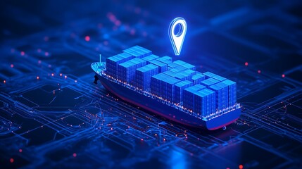 Futuristic digital logistics and global shipping concept with cargo ship and GPS location pin in blue technology background.
