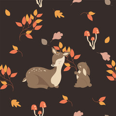 cute autumn pattern with bunnies and baby deer, leaves on dark background seamless fabric print