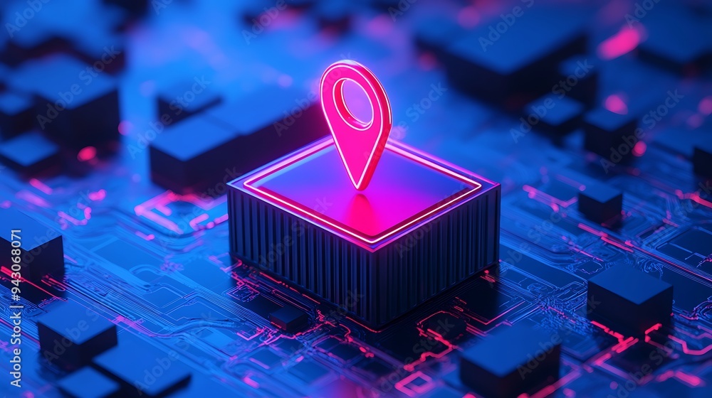 Poster futuristic digital map with glowing pink location pin, representing advanced technology and innovati