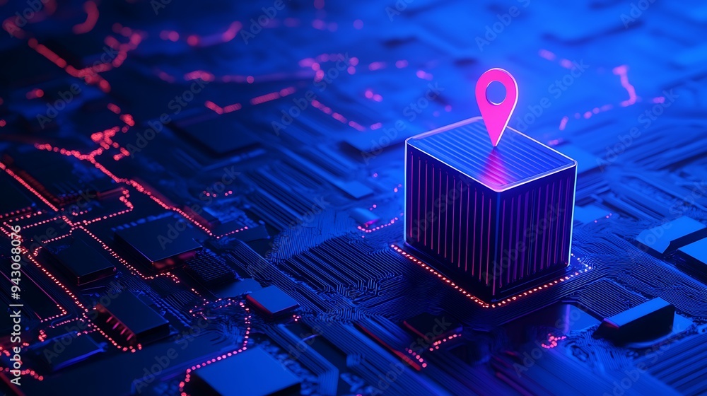 Poster futuristic digital navigation concept with a glowing location pin on a circuit board, representing m