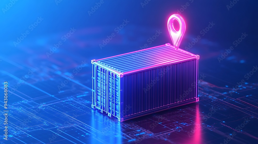 Poster futuristic digital representation of a cargo container with location pin, symbolizing smart logistic