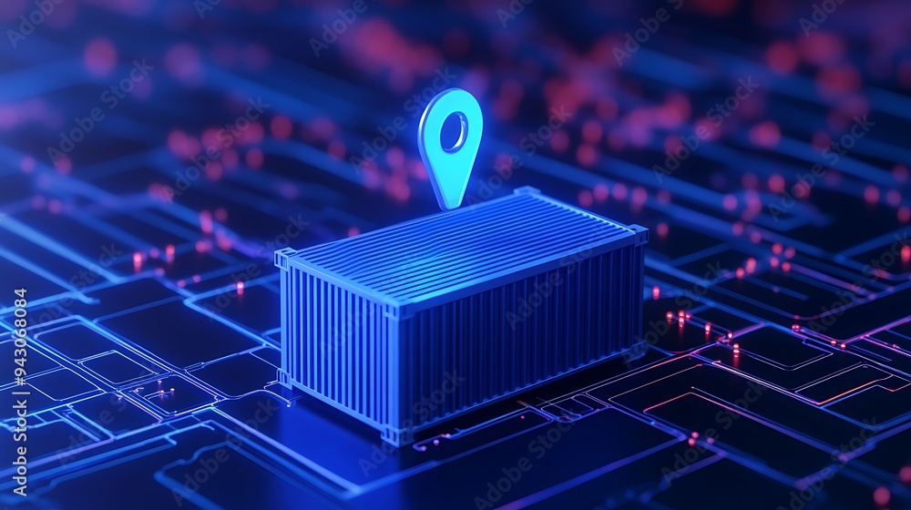 Poster futuristic digital representation of a shipping container with a gps location pin on a circuit board