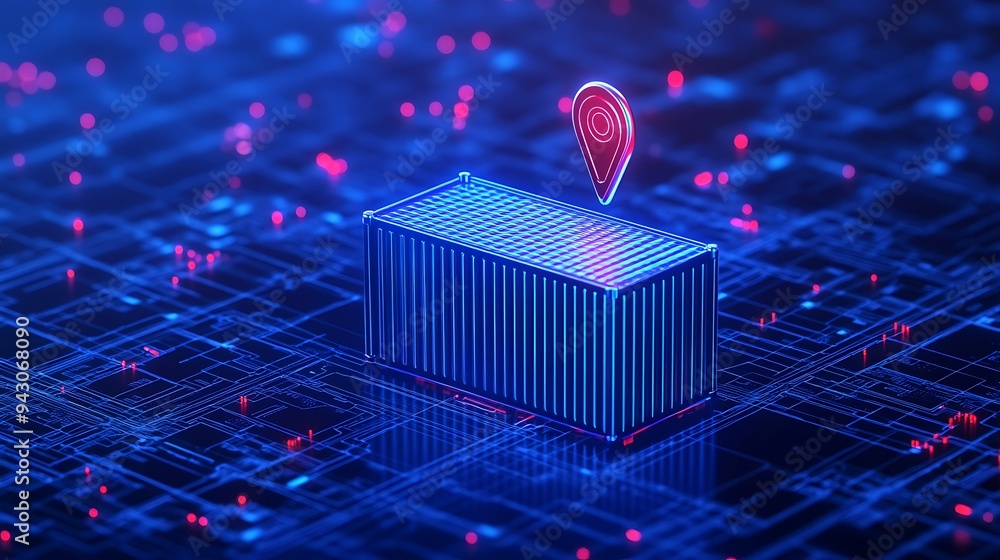 Poster futuristic digital representation of a shipping container with a gps pin, symbolizing logistics and 