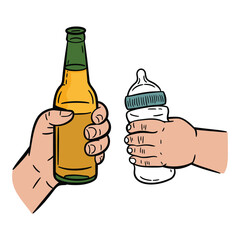 Adult hand holding beer bottle and baby hand holding milk bottle