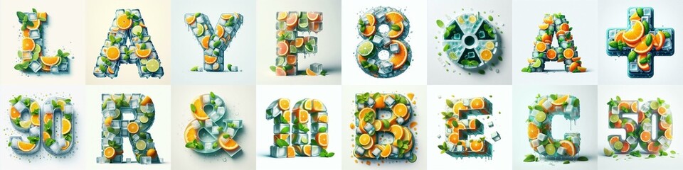 Ice cubes and mints and citrus Lettering Typeface. AI generated illustration