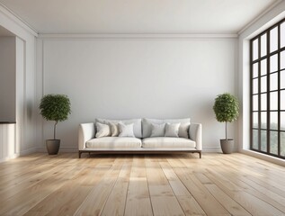 White Sofa in a Modern Living Room with Hardwood Floors and Plants