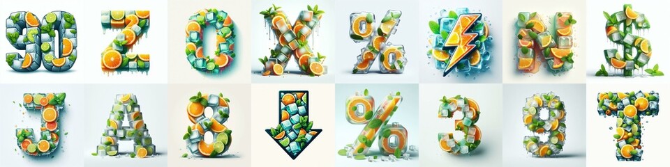 Ice cubes and mints and citrus Lettering Typeface. AI generated illustration