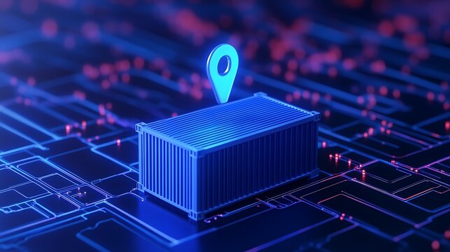 Futuristic digital representation of a shipping container with a GPS location pin on a circuit board background.
