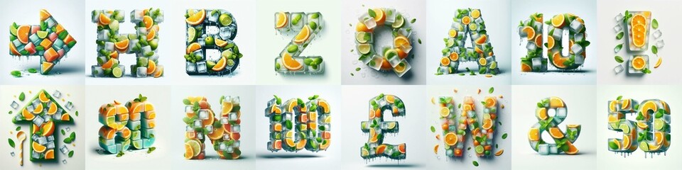 Ice cubes and mints and citrus Lettering Typeface. AI generated illustration