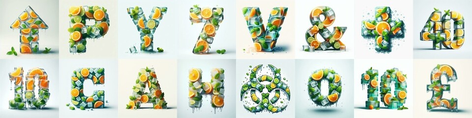 Ice cubes and mints and citrus Lettering Typeface. AI generated illustration