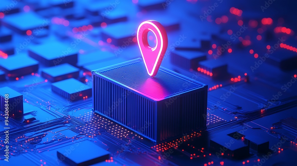 Poster futuristic gps navigation concept with neon location pin on a digital motherboard, representing mode