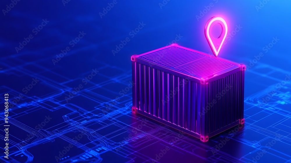 Poster futuristic logistics concept showcasing a glowing shipping container with a neon location pin in a d