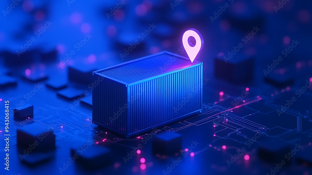 Poster futuristic logistics concept with a glowing container and location pin on a digital circuit board.