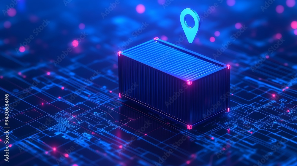Poster futuristic representation of cargo shipping and logistics tracking with a digital map and a containe