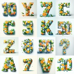 Ice cubes and mints and citrus Lettering Typeface. AI generated illustration