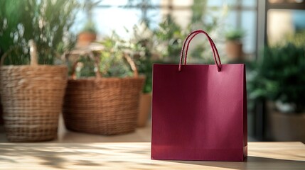 Red shopping bag on a table, with natural light and greenery in the background