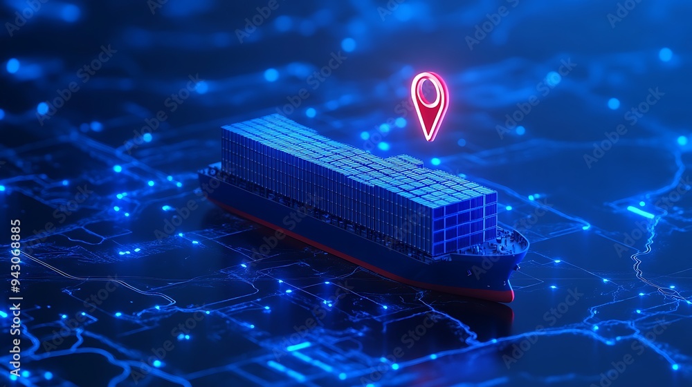 Poster high-tech shipping logistics concept. digital render of cargo ship with location pin navigating a fu
