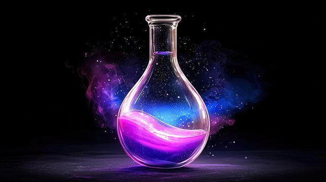 A vibrant glass flask filled with a glowing pink liquid, surrounded by colorful cosmic effects, perfect for scientific themes.