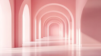 Fototapeta premium A serene corridor with soft pink arches and light, creating a calming and elegant atmosphere.