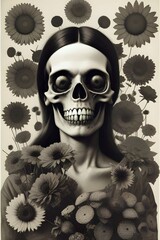 Fototapeta premium Collage art featuring flowers, zombie, skulls, spooky, halloween, eerie, macabre, horror, dark, gothic, surreal, creepy, undead, blossoms, petals, bones, haunted, death, scary, freaky, eerie, ghouls