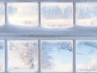 seamless pattern, A beautifully frosted window pane showcasing a winter landscape, with delicate snowflakes and icicles creating a serene atmosphere.