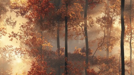 seamless pattern, A serene autumn forest with vibrant foliage and soft mist creating an enchanting atmosphere for nature lovers.