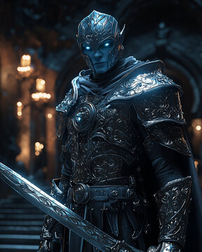 mysterious drow knight in glowing blue-eyed helmet and detailed armor, gripping a sword in a dimly lit ancient hall with tall candles, fantasy setting