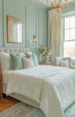 Serene mint and sage bedroom with elegant decor and light pastel color palette