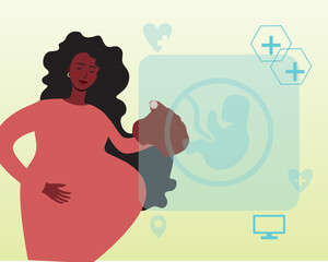 Black Pregnant woman and halogram with embryo online, flat vector illustration with pregnant woman