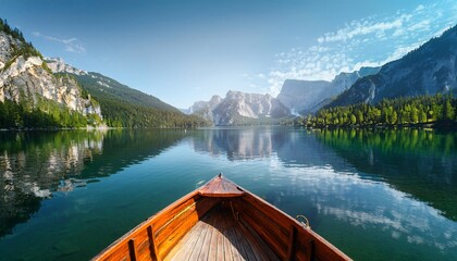 Obraz premium Peaceful scenery of a wooden boat moored on a calm lake surrounded by mountains. lake Louise Banff national park.