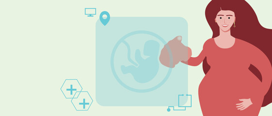 Pregnant woman and halogram with embryo with place for text, flat vector illustration with pregnant woman