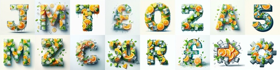 Ice cubes and mints and citrus Lettering Typeface. AI generated illustration