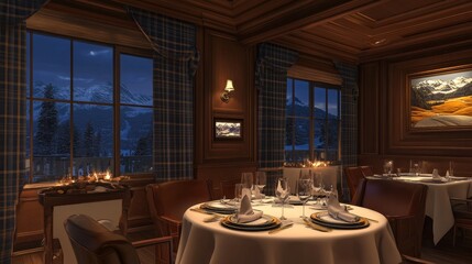 A cozy, elegant restaurant setting with a mountain view, perfect for fine dining at night.