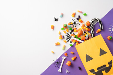 Halloween concept featuring colorful candies and sweets overflowing from a jack-o'-lantern themed...