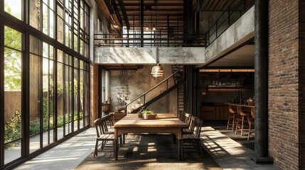 A spacious dining area with large windows, wooden furniture, and a modern industrial design.