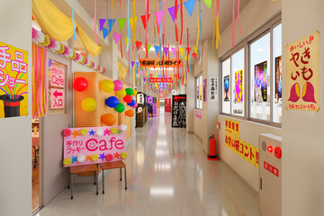 賑やかに飾り付けられた文化祭当日の廊下 / スクールイベント・学園ロケーション・青春とノスタルジーのコンセプトイメージ / 3Dレンダリング