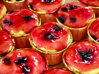 Multiple cupcakes topped with a generous amount of delicious strawberry jelly jam, ready to be served