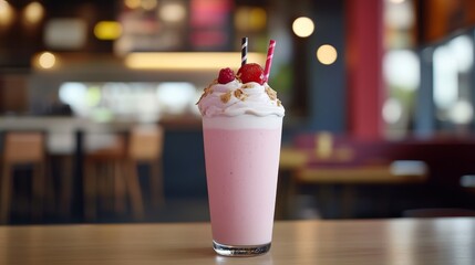 A refreshing pink milkshake topped with whipped cream, raspberries, and a sprinkle of granola, served in a glass.