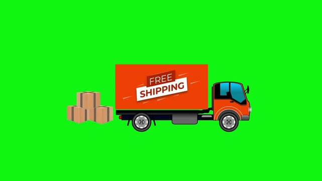 A beautiful delivery truck delivering the product boxes and go away animated, a beautiful animation of cargo truck on green screen