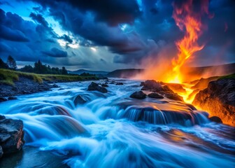Fototapeta premium a photo image of a raging fire flowing through a bright blue stream of water on a dark and stormy night