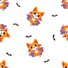 Seamless vector pattern for the Halloween holiday. Cute kitten in dracula costume, bats . Vector illustration