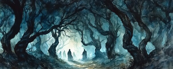 A mystical forest shrouded in fog, featuring twisted trees and shadowy figures, evoking a sense of mystery and adventure.