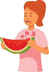 Girl is holding a slice of watermelon and enjoying a refreshing summer treat