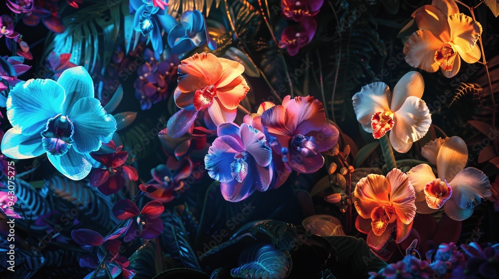 Poster a radiant display of glowing orchids and exotic blooms illuminated in a lush, vibrant array.